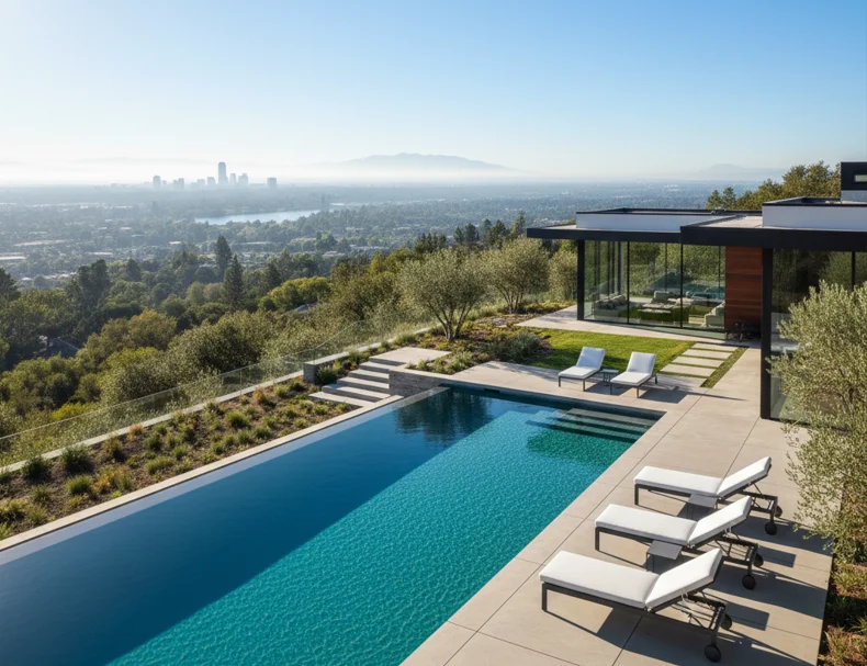 Aerial view of Sacramento pool receiving professional pool service, cleaning and maintenance from Cabana Pool Service team