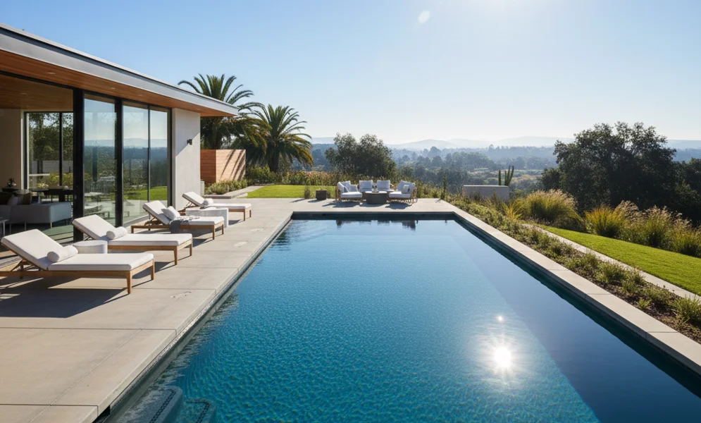 Aerial view of pristine pool maintained by Antelope pool service and cleaning professionals