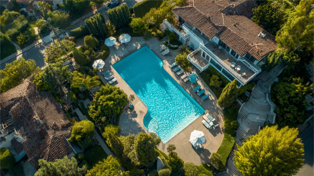 Aerial view of Calabasas pool ready for professional cleaning and maintenance service booking