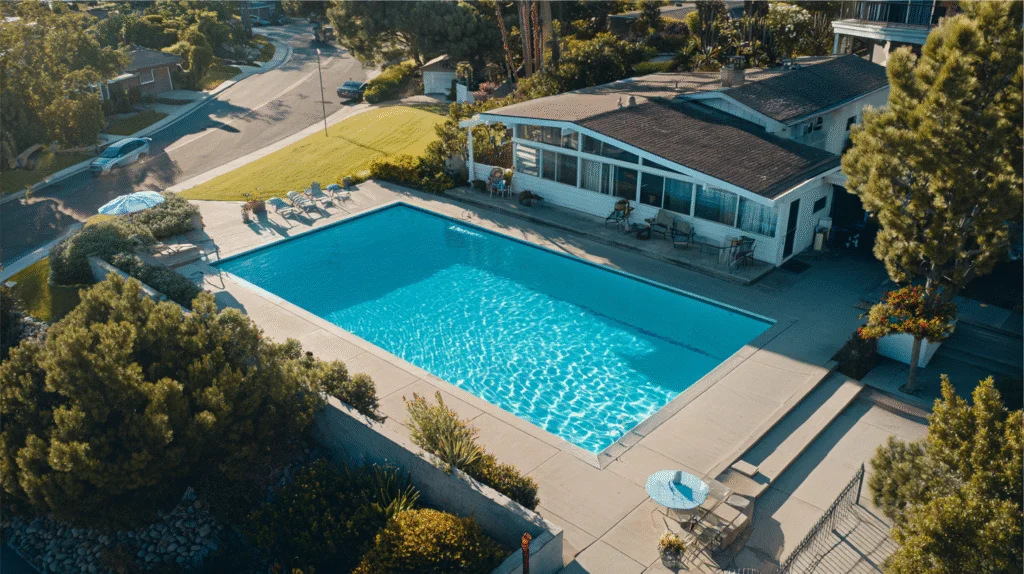 Aerial view of pristine Santa Monica pool maintained by professional pool cleaning and service experts