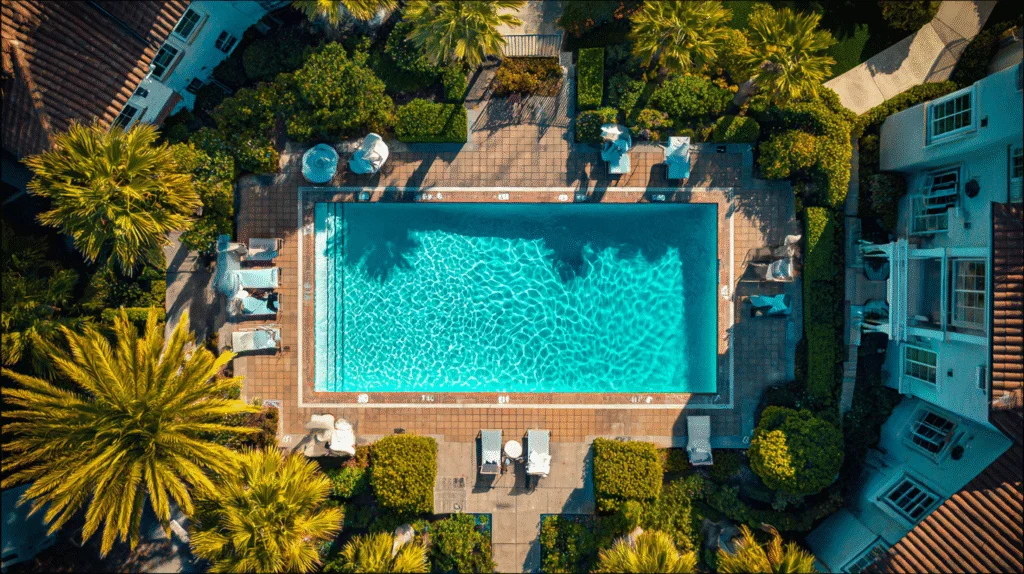 Aerial view of Rancho Palos Verdes pool service ready home with crystal clear water and professional maintenance