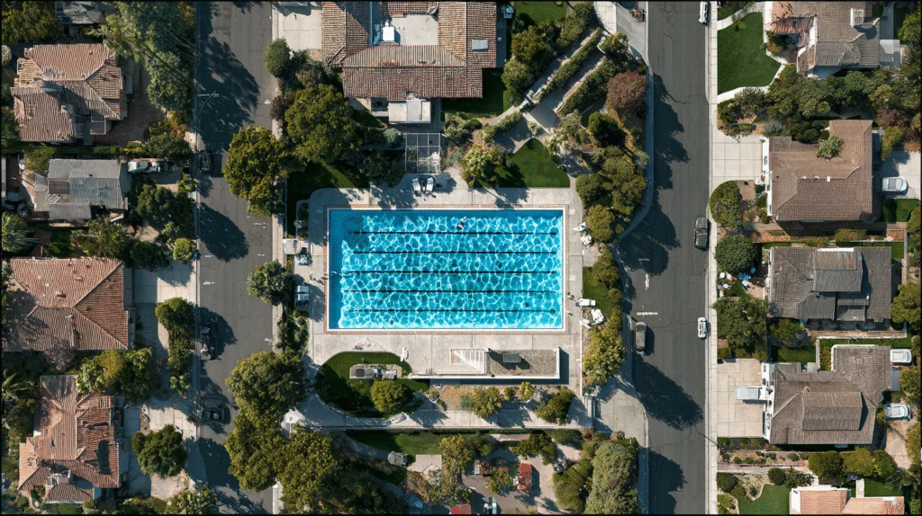 Aerial view of Burbank pool service ready for professional pool cleaning and maintenance booking