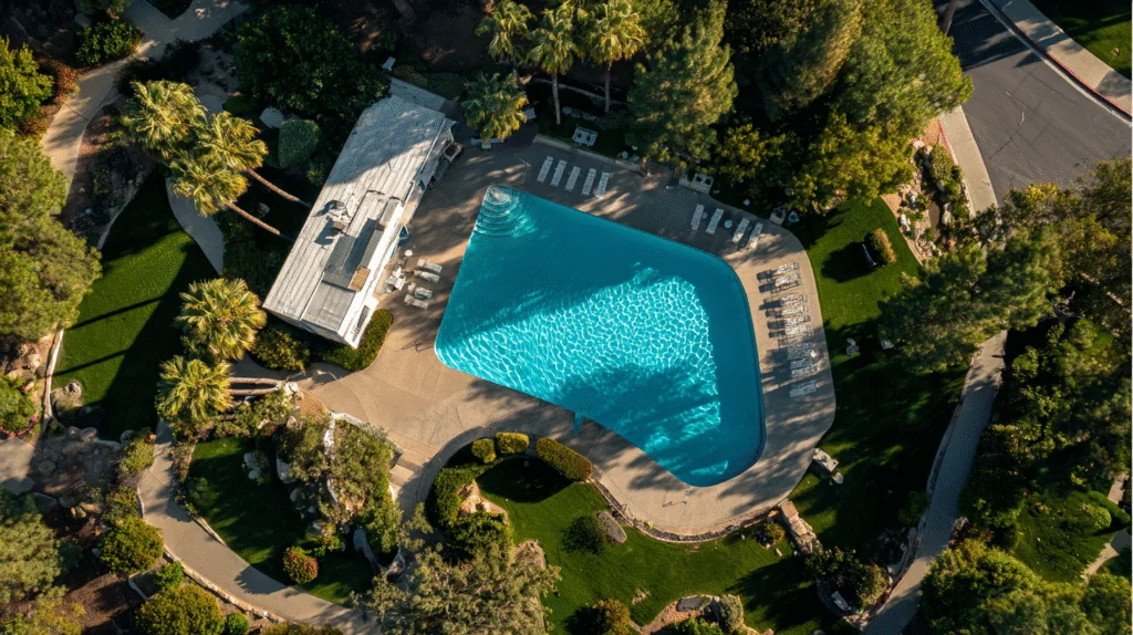 Aerial view of pristine Playa Del Rey pool ready for professional pool service and maintenance booking