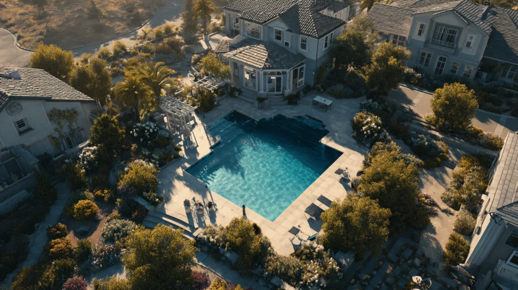 Aerial view of pristine Inglewood pool maintained by professional pool service and cleaning experts