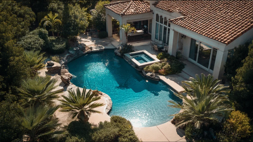 Aerial view of Pacific Palisades pool ready for professional pool service, cleaning and maintenance booking in coastal backyard
