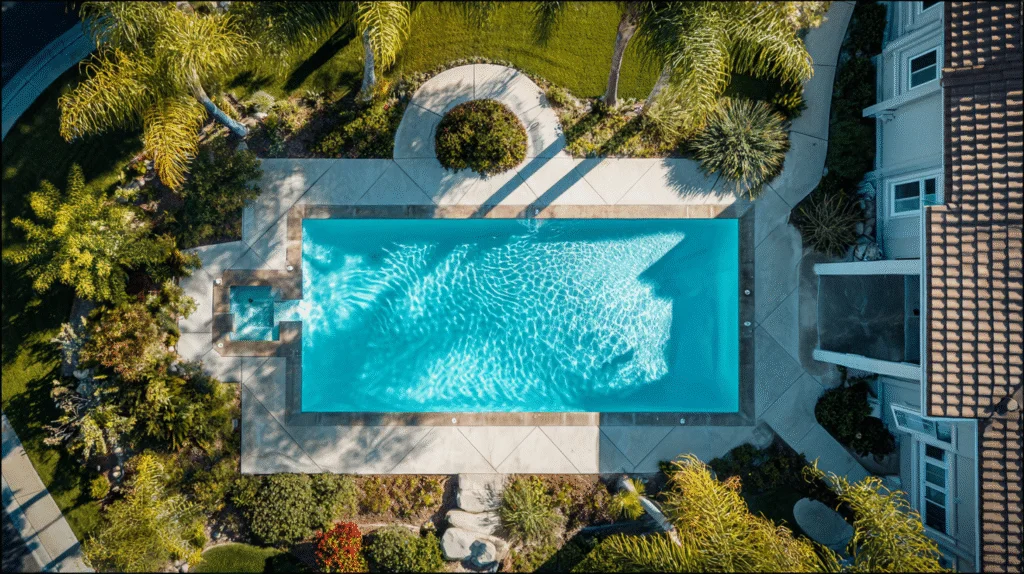 Aerial view of sparkling Beverly Hills pool receiving expert cleaning, maintenance and repair service
