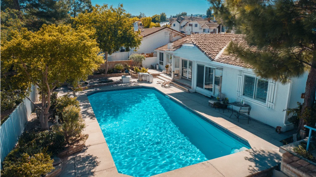 Aerial view of sparkling Encino pool maintained by professional pool service and cleaning experts